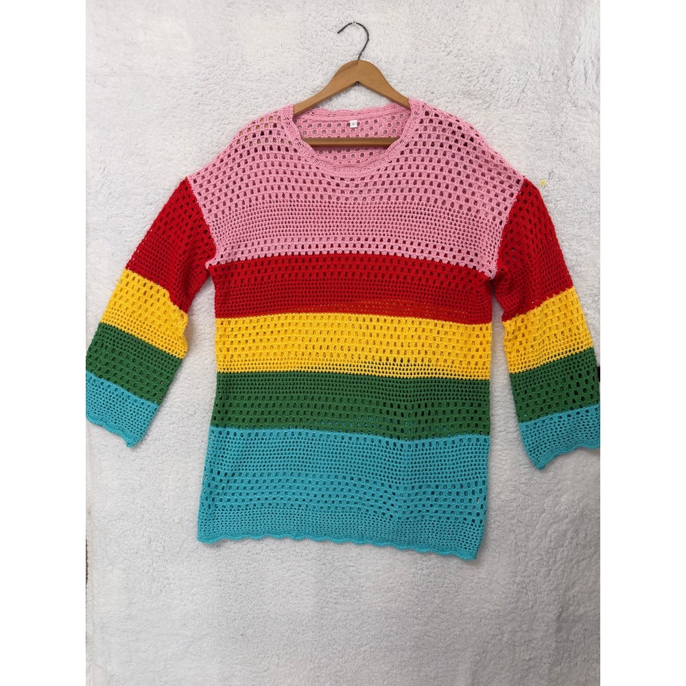 Unbranded Rainbow Striped Crochet Knit Sweater Womens Large Pink Red Yellow Blue
